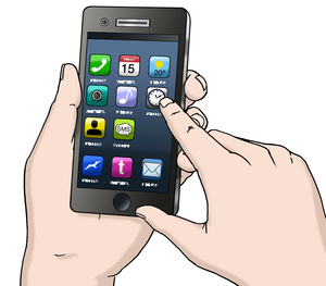 Zeichnung eines Smartphones, auf dem Hände etwas auswählen
