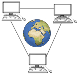Zeichnung einer Weltkugel mit drei sie umgebenden Computern, die miteinander verbunden sindmputer 